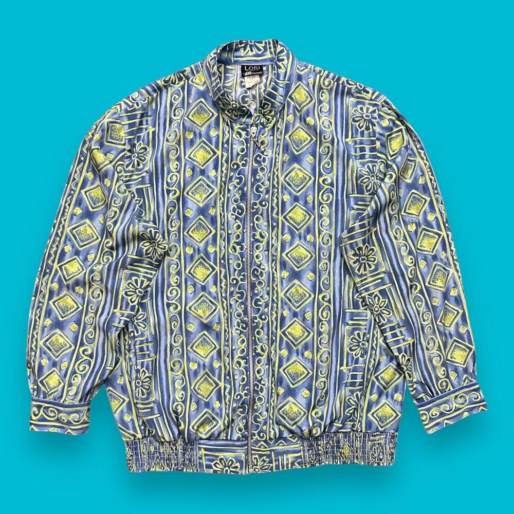 Vintage 80s Jacket Abstract Geometric Full Zip Polyester Funky Boho Womens Large
